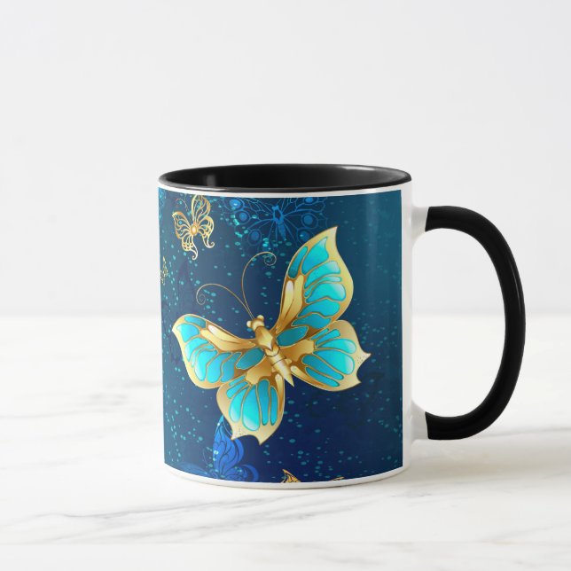 Goldene Schmetterlinge auf blauem Hintergrund Tasse (Rechts)