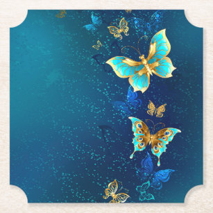 Goldene Schmetterlinge auf blauem Hintergrund Untersetzer