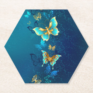 Goldene Schmetterlinge auf blauem Hintergrund Untersetzer