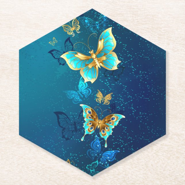Goldene Schmetterlinge auf blauem Hintergrund Untersetzer (Vorderseite)