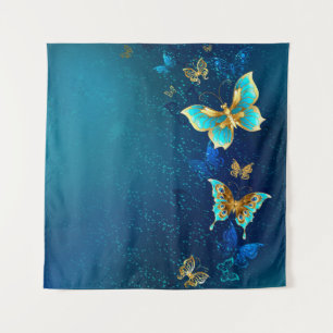 Goldene Schmetterlinge auf blauem Hintergrund Wandteppich