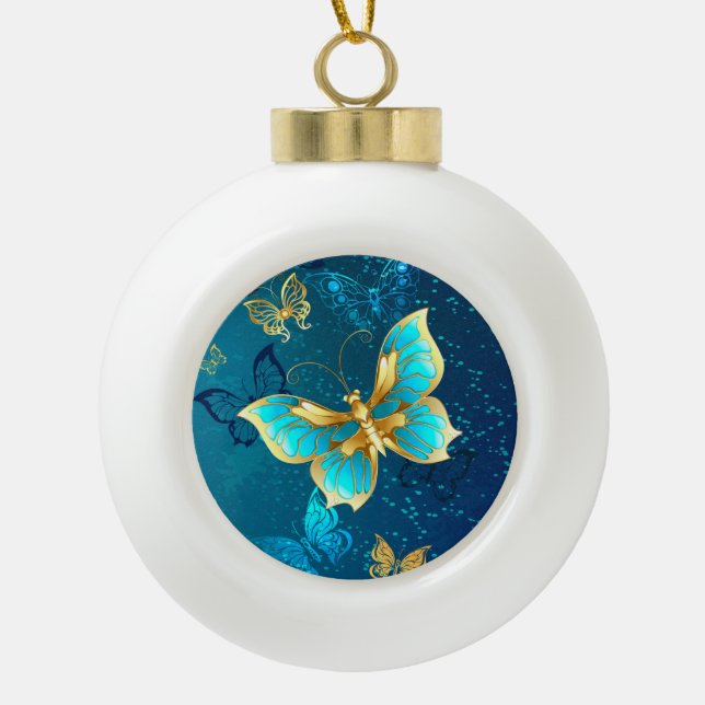 Goldene Schmetterlinge auf einem blauen Hintergrun Keramik Kugel-Ornament (Vorderseite)