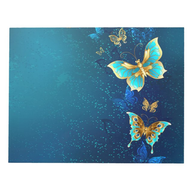 Goldene Schmetterlinge auf einem blauen Hintergrun Notizblock (Vorderseite)