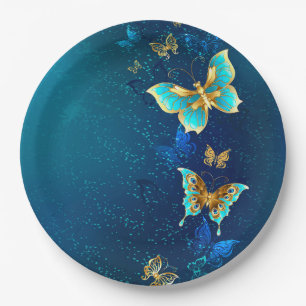 Goldene Schmetterlinge auf einem blauen Hintergrun Pappteller