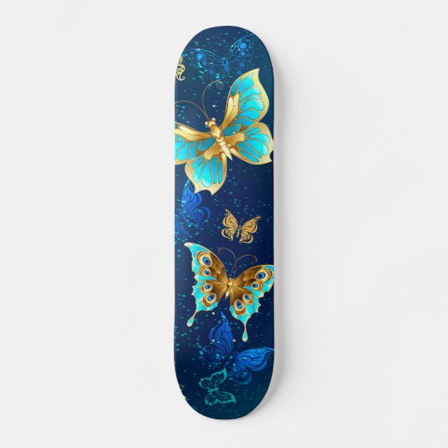 Goldene Schmetterlinge auf einem blauen Hintergrun Skateboard (Vorderseite)