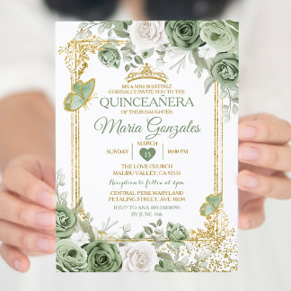 Goldene Schmetterlinge aus Quinceñera Sage Green C Einladung