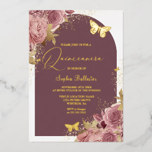 Goldene Schmetterlinge Erröten Florale Quinceanera Folieneinladung