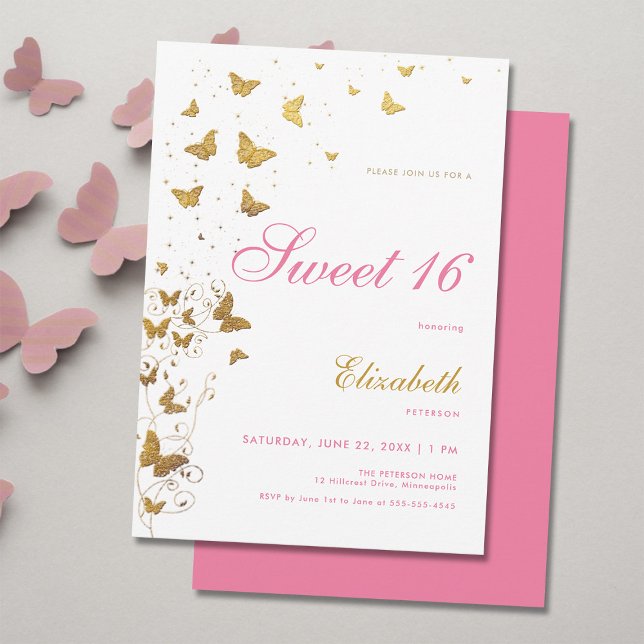 Goldene Schmetterlinge Garten Elegant Rosa Girl Sw Einladung (elegant sweet 16 girls birthday party invitation gold butterflies garden classy stylish boho chic)