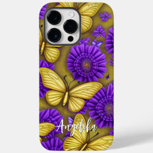 Goldene Schmetterlinge Lila Blumen Personalisierte Case-Mate iPhone 14 Pro Max Hülle