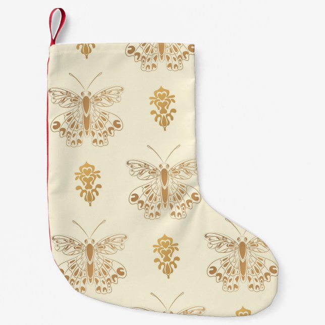 Goldene Schmetterlinge, weißes, nahtloses Vintages Kleiner Weihnachtsstrumpf (Vorderseite)