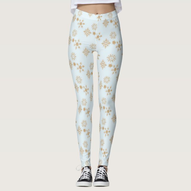 Goldene Schneeflocke auf Frosty Blue Christmas Pat Leggings (Vorderseite)