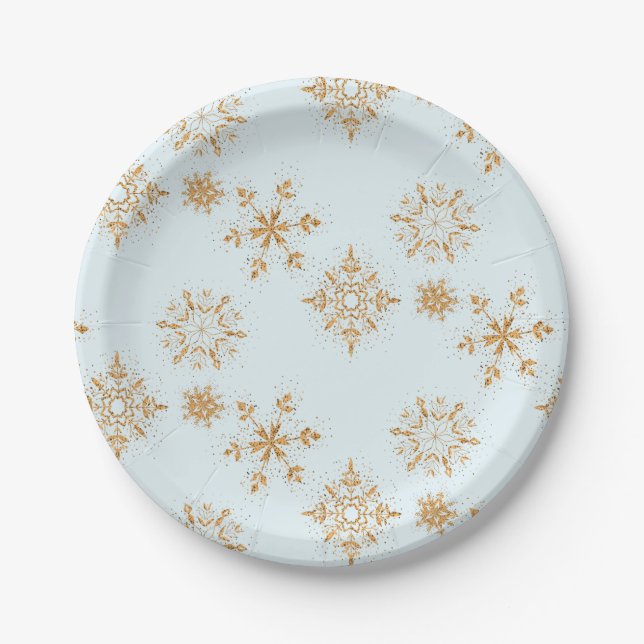 Goldene Schneeflocke auf Frosty Blue Christmas Pat Pappteller (Vorderseite)