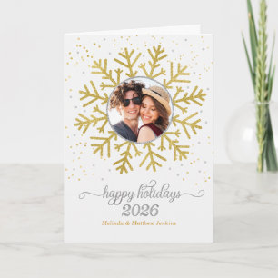 Goldene Schneeflocke auf Weiß mit Foto-Weihnachten Feiertagskarte