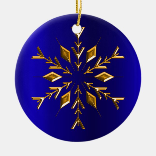 Goldene Schneeflocke zu Blauen Weihnachten Keramikornament (Vorne)