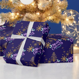 Goldene Schneeflocken auf blauem Geschenkpapier