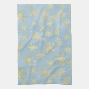 Goldene Schneeflocken auf Himmelblau – Eleganter W Geschirrtuch