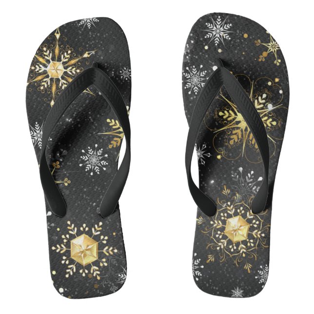Goldene Schneeflocken auf schwarzem Hintergrund Flip Flops (Fußbett)