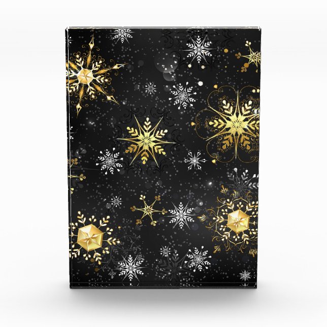 Goldene Schneeflocken auf schwarzem Hintergrund Fotoblock (Vorderseite)