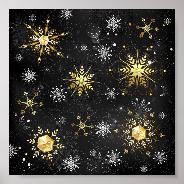 Goldene Schneeflocken auf schwarzem Hintergrund Poster (Vorne)