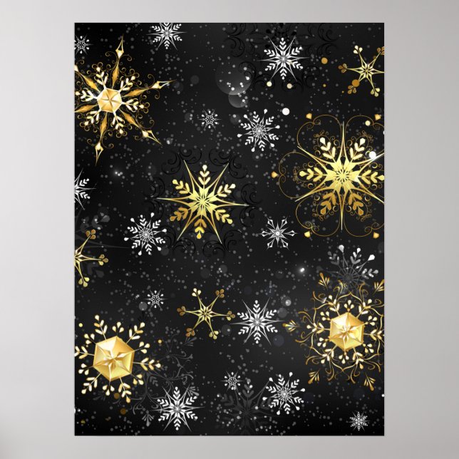Goldene Schneeflocken auf schwarzem Hintergrund Poster (Vorne)