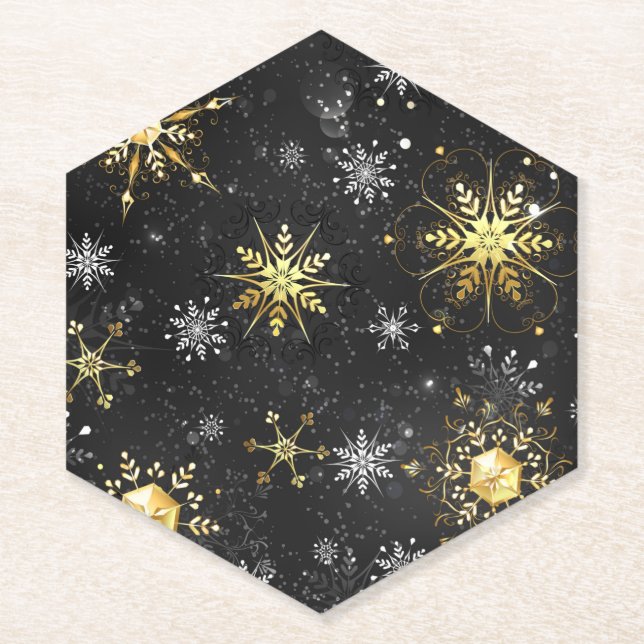 Goldene Schneeflocken auf schwarzem Hintergrund Untersetzer (Vorderseite)