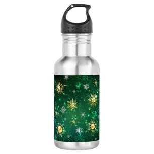 Goldene Schneeflocken im grünen Hintergrund Edelstahlflasche