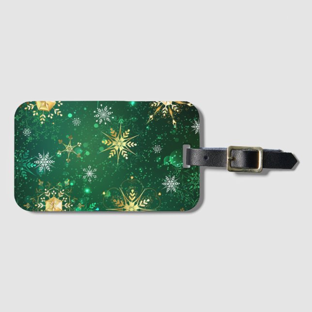 Goldene Schneeflocken im grünen Hintergrund Gepäckanhänger (Vorderseite (Horizontal))
