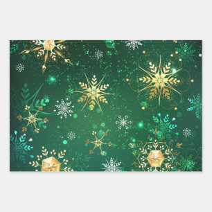 Goldene Schneeflocken im grünen Hintergrund Geschenkpapier Set