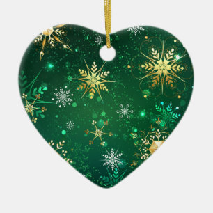 Goldene Schneeflocken im grünen Hintergrund Keramik Ornament