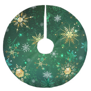Goldene Schneeflocken im grünen Hintergrund Polyester Weihnachtsbaumdecke
