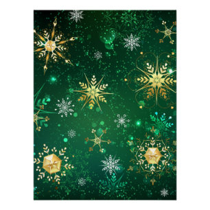 Goldene Schneeflocken im grünen Hintergrund Poster