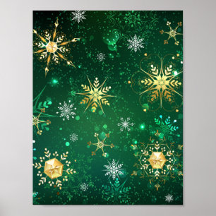 Goldene Schneeflocken im grünen Hintergrund Poster