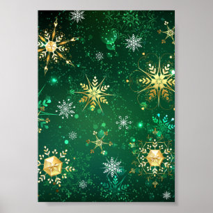 Goldene Schneeflocken im grünen Hintergrund Poster