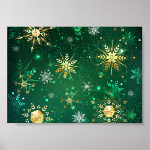 Goldene Schneeflocken im grünen Hintergrund Poster