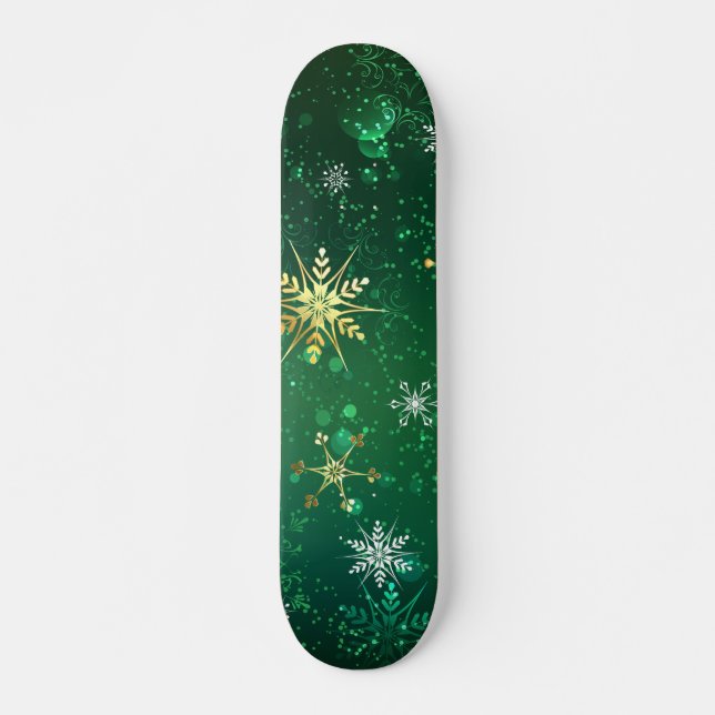 Goldene Schneeflocken im grünen Hintergrund Skateboard (Vorne)