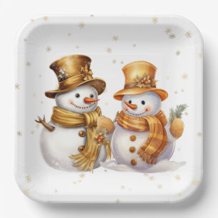 Goldene Schneeflocken mit Schneemann Pappteller