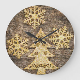 Goldene Schneeflocken und Weihnachtsbaum Große Wanduhr