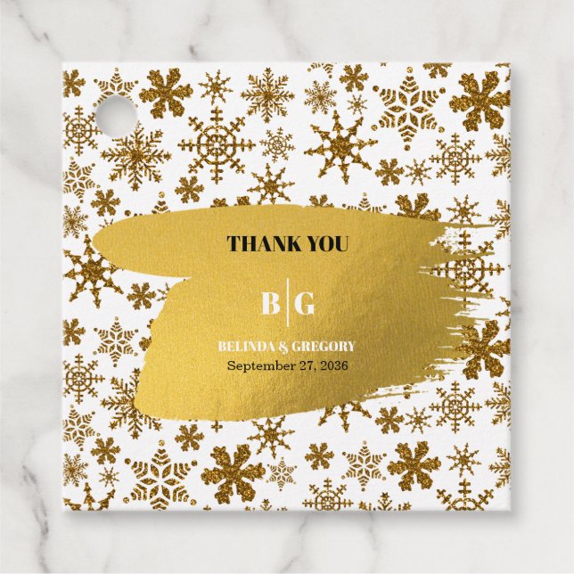 Goldene Schneeflocken Weihnachten Hochzeit Geschenkanhänger (Vorderseite)