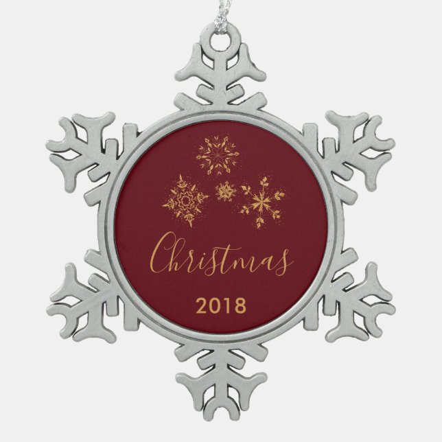 Goldene Schneeflocken Weihnachten Schneeflocken Zinn-Ornament (Vorderseite)