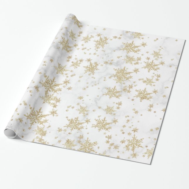 Goldene Schneeflocken Weißes Marmorwackelpapier Geschenkpapier (Ungerollt)