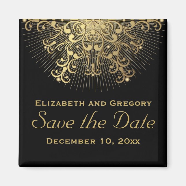 Goldene Schneeflocken-Winterhochzeit Save the Date Magnet (Vorne)