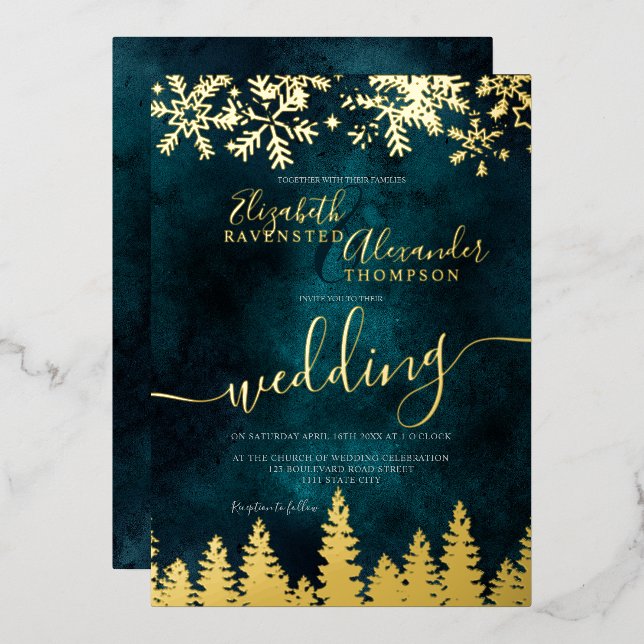 Goldene Schneekiefer Weihnachten Hochzeit Folieneinladung (Vorderseite/Rückseite)