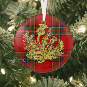 Goldene schottische Distel auf Plaid Ornament Aus Glas