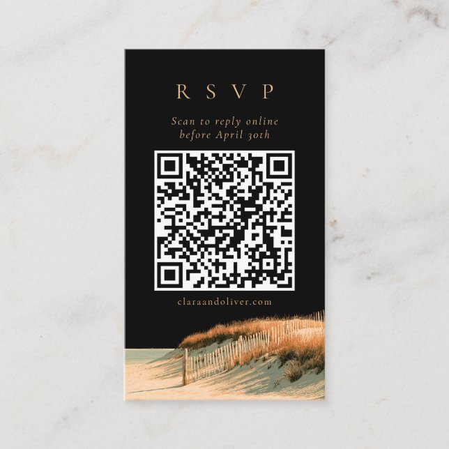 Goldene Schrift Cape Cod Hochzeit QR Code RSVP Kar Begleitkarte (Vorderseite)