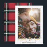 Goldene Schrift für rotes Tartan-Foto Feiertagskarte<br><div class="desc">Goldene Schrift für eine stilvolle Urlaubskarte mit rotem Tartan Backer Design. Platz für Single Foto.</div>