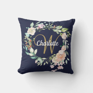 Goldene Schriftzug-Monogramm-Rosen Floral Navyblau Kissen