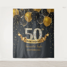 Goldene schwarze Ballons Diamant 50. Geburtstagspa Wandteppich