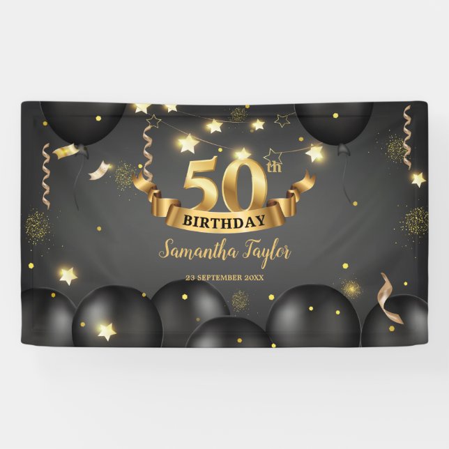 Goldene schwarze Ballons: elegante Geburtstagspart Banner (Horizontal)