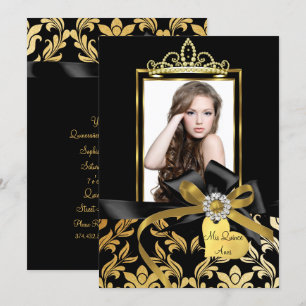 Goldene schwarze Damast-Schleifen-Foto-Quinceanera Einladung