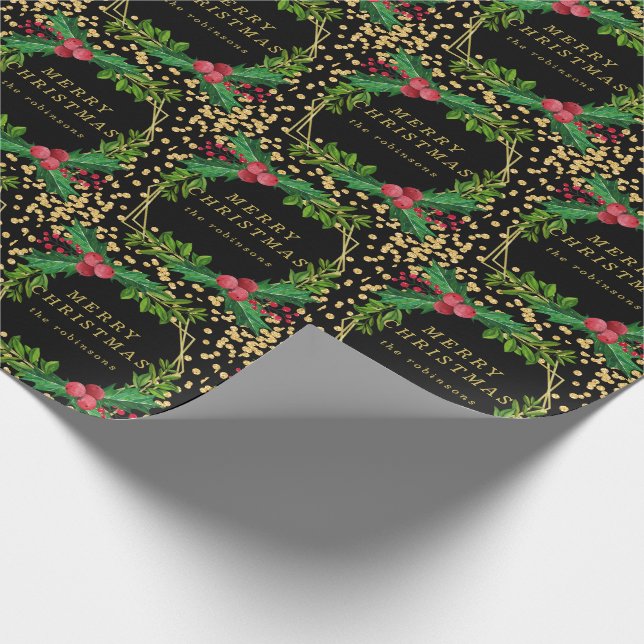 Goldene Schwarze Familie Frohe Weihnachts-Holly-Gl Geschenkpapier (Ecke)